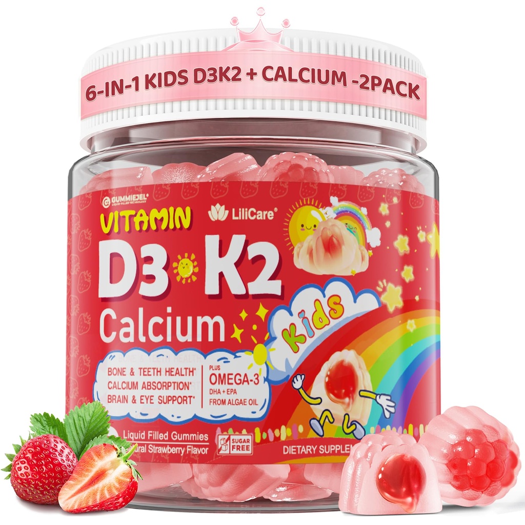 Vitamin D3 K2 + Calcium Liquid-filled Gummies for Kids & Teens, 1000IU / 2000IU D3 with Magnesium, Algal Omega 3, Kids Vitamins for Bones & Teeth, Calcium Absorption, Brain, Immune, Sugar-Free, 2Pack