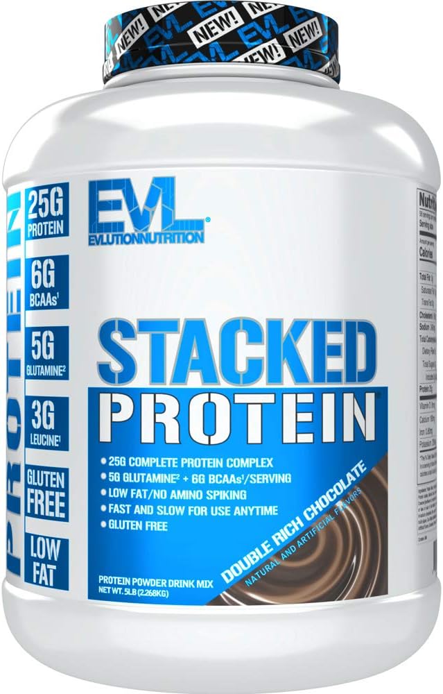 Evlution Nutrition Stacked Protein Powder -Supports Muscle Growth, Strength & Recovery - 25g Protein, 6g BCAAs, 5 gramos Glutamine + 3 gramos Leucine Por Serving -Gluten Free -5lb -Doble Chocolate Rico