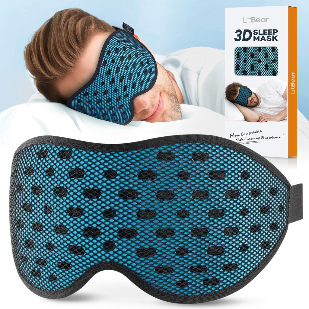 LitBear Breathable Sleep Mask, 3D Eye Mask Sleep for Side Sleepers Women Men, Light Blocking Sleeping Mask with Adjustable Strap, Soft Lightweight Eye Cover for Travel, Night Work, Nap, Office - Blue