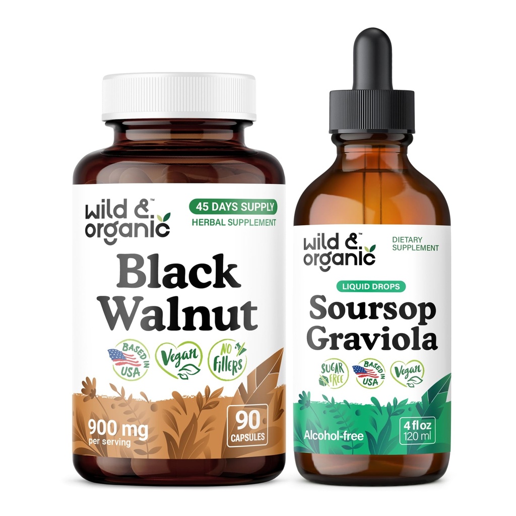 Wild & Organic Black Walnut 90 Capsules & Soursop Graviola Tincture 4 fl oz