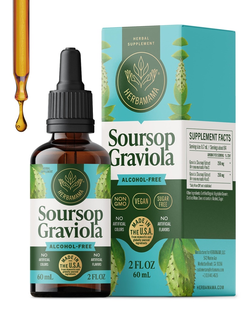 HERBAMAMA Soursop Graviola Liquid Drops - Vegan Digestive & Immune Support with Soursop Fruit Extract Tincture - Non-GMO, Alcohol & Sugar-Free Guanabana Supplement, 28-Day Supply