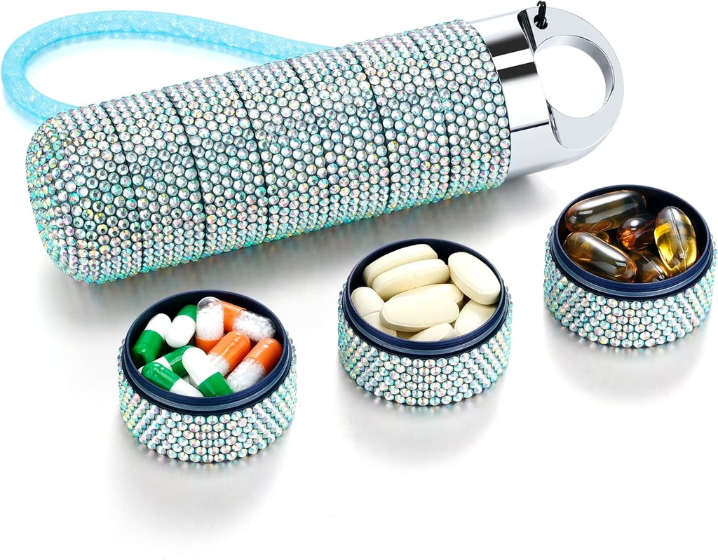 Zannaki Metal Bling Pill Organizer, Travel Waterproof Caja semanal de píldoras, Portable Large Aluminum Alloy Pill Case Container, BPA Free 7 Day Daily Medicine Organizer Holder for Vitamin,Fish Oil,Supplement