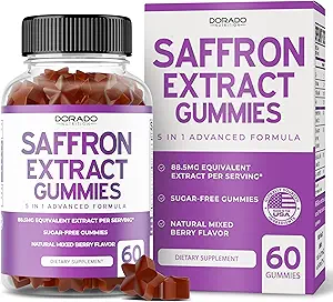 Saffron Suplementos (60 Gummies) Premium Saffron Gummies - Sugar Free Gummy 88.5mg Extract Equivalent - 5 in 1 Advanced Formula - Delicious Raspberry Flavor - Non GMO - Vegan &amp; USA Made