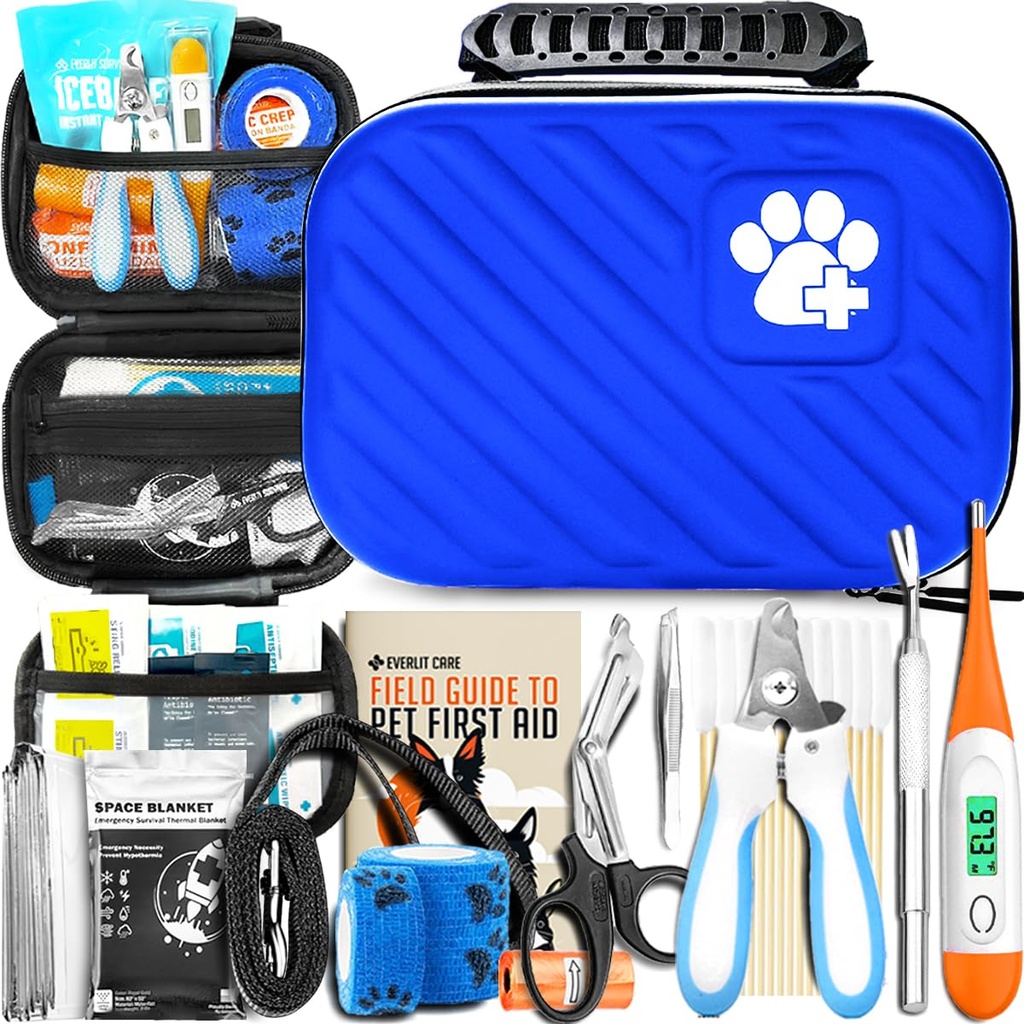 EVERLIT Pet Medic First Aid Kit | Vet-Approved Animal Care Kit with 95 Pcs Medical, Outdoor & Emergency Supplies to Treat Dogs, Cats | Travel-Friendly Compact Bag for Home, Car and Travel (Blue)