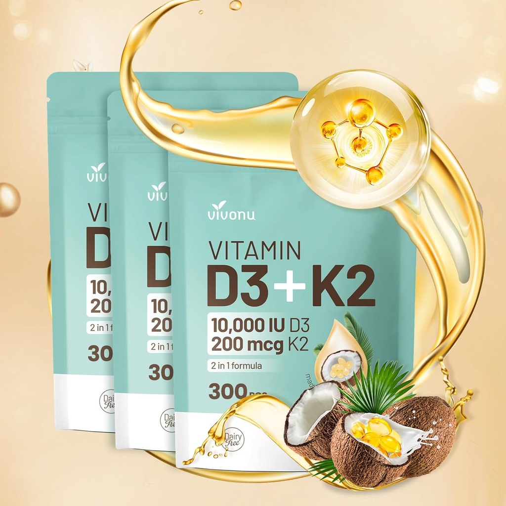 Vitamina D3 10000 iu Plus K2 (MK-7) 200 mcg, 300 Aceite de coco Softgels sometida 2 en 1 Complejo VIT D &amp; K soporta Absorción de calcio, bonificación, inmune, " Salud del corazón: fácil de absorber (900 Softgels /3 Bolsa)