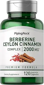 Piping Rock Berberine with Ceylon Cinnamon Supplement TEN 2000 mg Silencio 120 Capsules Silencio Vegetarian Complex ← Non-GMO, Gluten Free