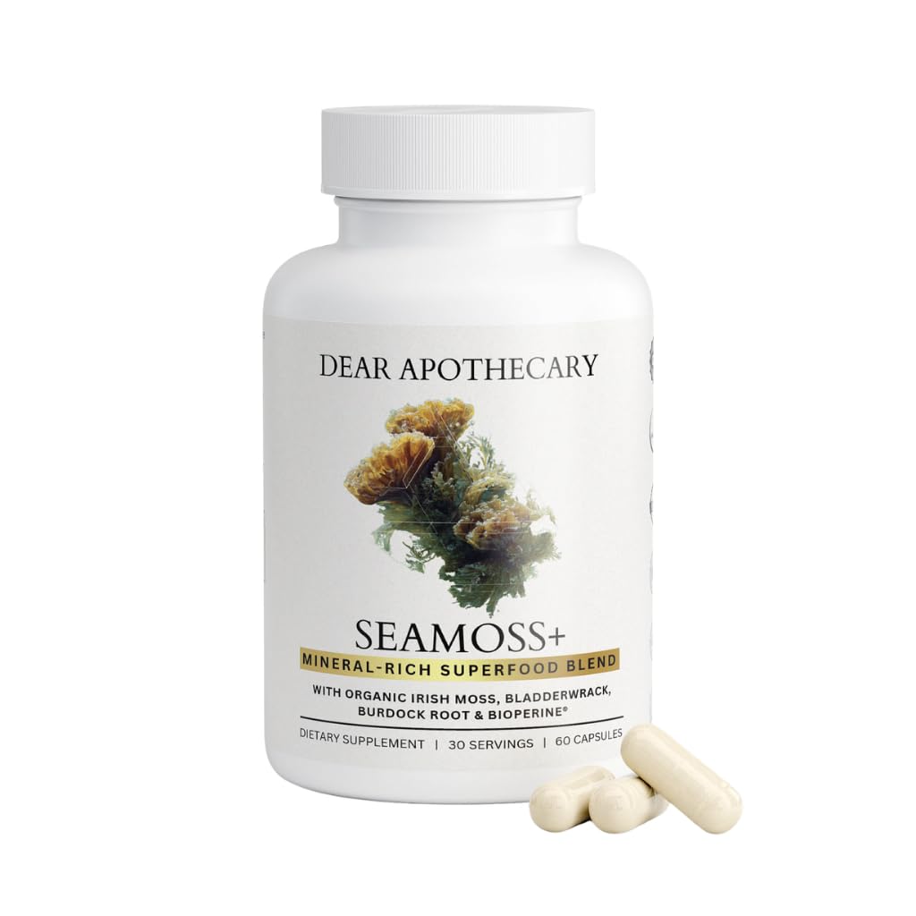 SeaMoss+ - Organic Irish Sea Moss 500mg with Bladderwrack, Burdock Root & BioPerine, 60 Capsules, 30 Servings, Vegan, Non-GMO, Sugar Free, Gluten Free, Made in USA