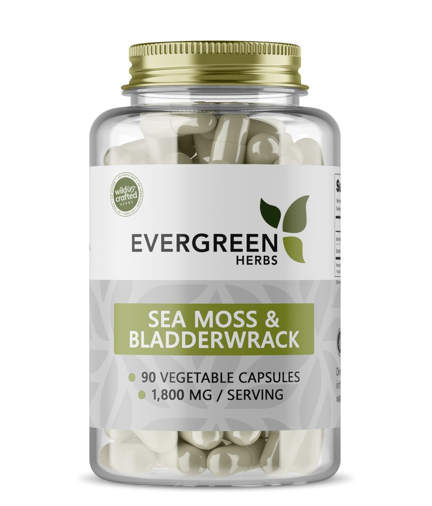 Evergreen Herbs Sea Moss & Bladderwrack Vegetable Capsules, 90 Count, 1,800 MG