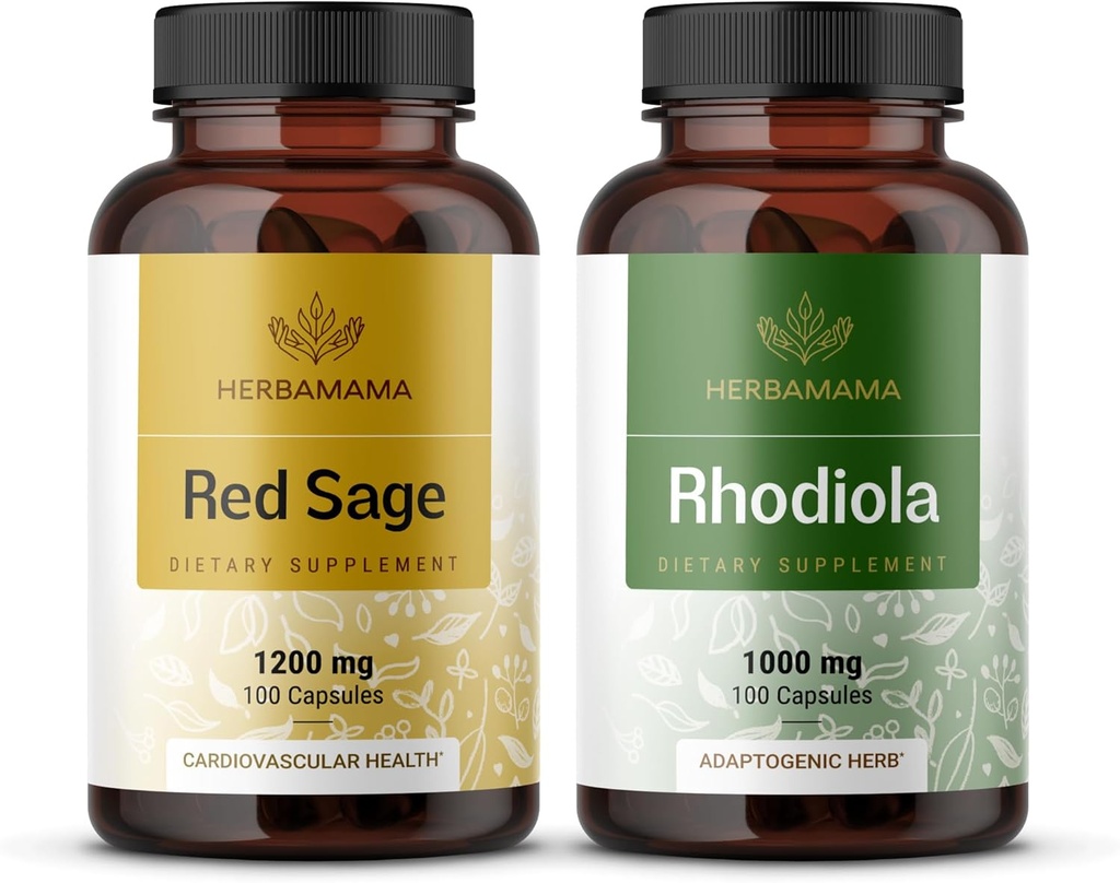 HerBAMAMA Red Sage and Rhodiola Kit - Bundle of 1200 mg Red Sage Dan Shen &amp; 1000 mg Rhodiola Rosea Capsules - Vegan, Non-GMO, Sugar & Gelatin-Free - 2 Pack