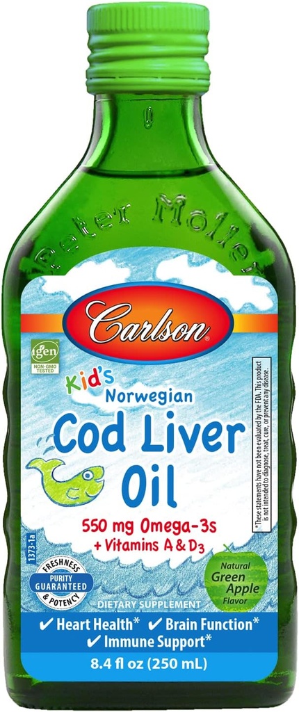 Carlson - Kid's Cod Liver Oil, 550 mg Omega-3s, Plus Vitaminas A y D3, Liquid Fish Oil, Wild Caught Norwegian Arctic Cod, Sustainably Sourced Nordic Fish Oil, Green Apple, 250 mL (8.4 Fl Oz)