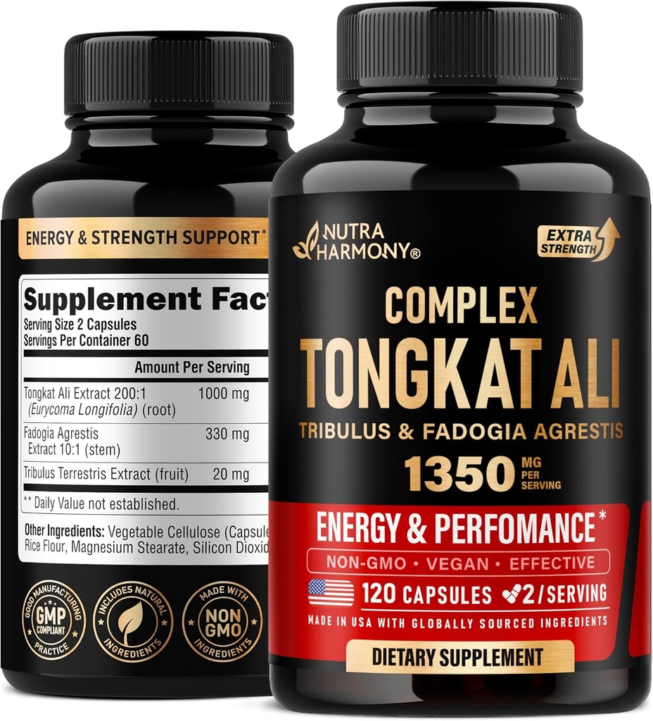 Complejo Tongkat Ali Men 1350mg - Fadogia Agrestis ANTE Tribulus Terrestris - Energy, Strength &amp; Performance Support - Extra Strength 200:1 Extract - 3rd Party Tested, Made in USA - 120 Capsules / 2 Mes