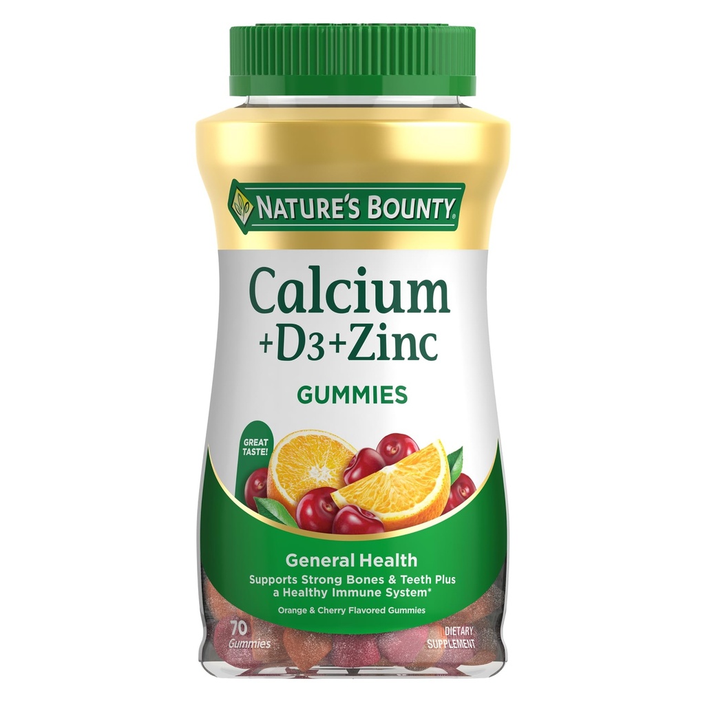 Nature's Bounty Calcium + D3 + Zinc Gummies, Supports Strong Bones & Teeth Plus a Healthy Immune System, 500mg, Orange and Cherry Flavored, 70 Gummies