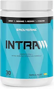 Swolverine Intra ← Aminoácidos Esenciales, Electrolitos, Agua de coco, granada, cereza de tarta, espirulina, Vegan, No GMO, Gluten Free (30 Servings, Tropical Blast)