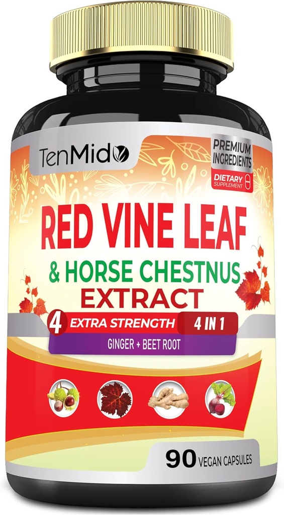 Red Vine Leaf Extract Capsules - con Caballo Chestnut, Beet Root, Ginger - Suplemento Herbal para el Corazón, Leg Vein & Energy - 90 cápsulas Vegan durante 45 días