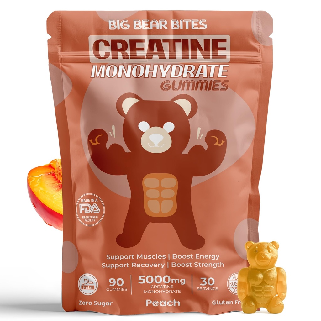 Creatine Monohydrate Gummies for Men & Women | 5000mg of Creatine Gummies per Serving | Sugar, Gluten Free & Halal | Pack of 90 for Pre Workout & Muscle Recovery | Peach Flavor