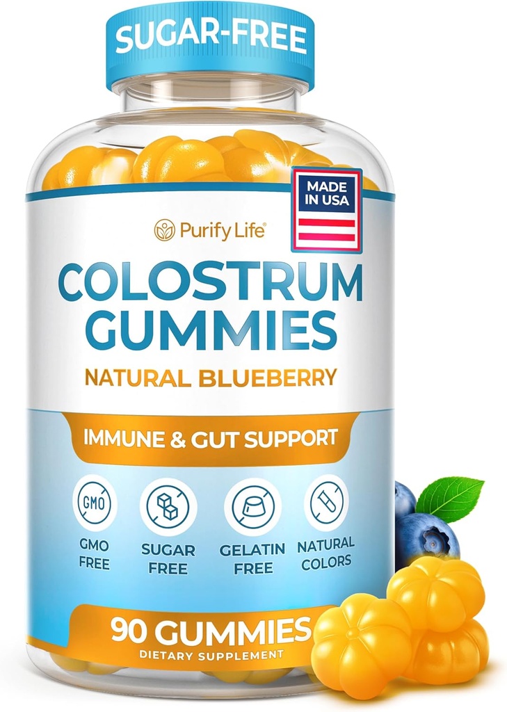 Colostrum libre de azúcar Gummies (1500mg) Bovine Colostrum for Humans, Grass-Fed Supplement for Gut Health, Leaky Gut Repair, Immune Support, Skin Health - 35% IgG Per Serving