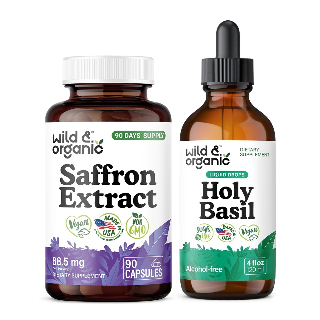 Wild & Organic Saffron Extract 90 Capsules & Holy Basil Tincture 4 fl oz