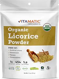 Vitamatic Certified USDA Orgánica Licorice Root Powder – 1 lb (16 oz) También conocido como Malethi o Mulethi ← Pure Glycyrrhiza Glabra ← Apoyo Respiratorio, Digestivo, &amp; Immune Health