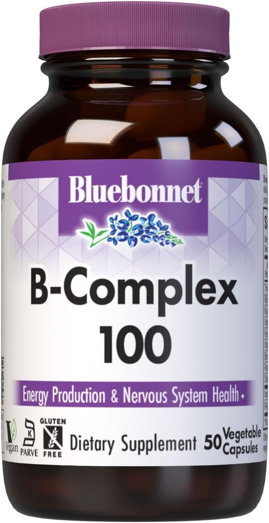 Bluebonnet Nutrition B Complex 100 Vegetable Capsules, Full Spectrum, Vitamina B6, B12, Biotin, Folate, Vegan, Vegetarian, Gluten Free, Soy Free, Milk Free, Kosher, 50 Vegetal Capsules