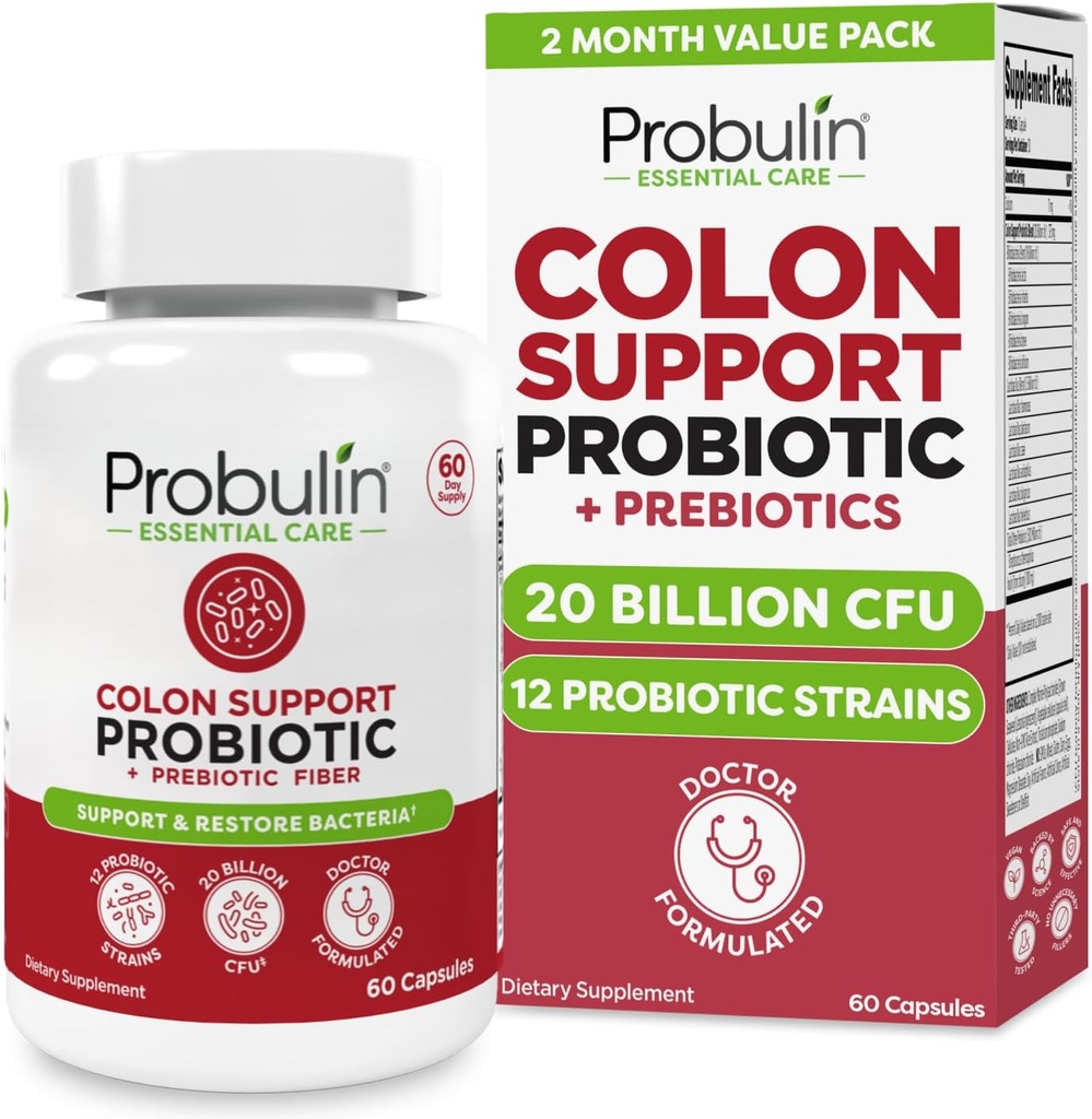 Probulin Colon Support Probiotic Supplement, Daily Gut, Digestive, and Immune Health Probiotics Capsules for Men and Women, 20 Billion CFU, Vegan, 60 Conde Bottle