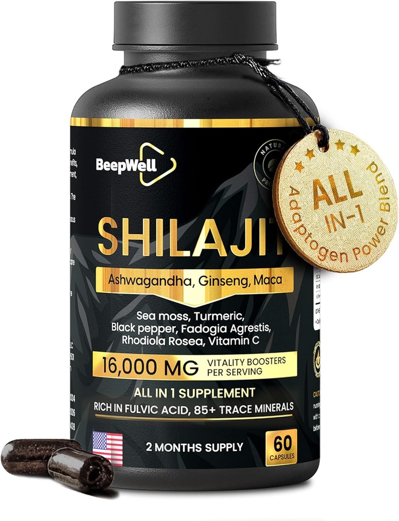 Shilajit Capsules for Men ' Women, 16,000mg Puro Himalayan Orgánica Shilajit apoya la vitalidad y el bienestar,Premium Pure Himalayan Suplemento 2 meses de suministro, 60 cápsulas