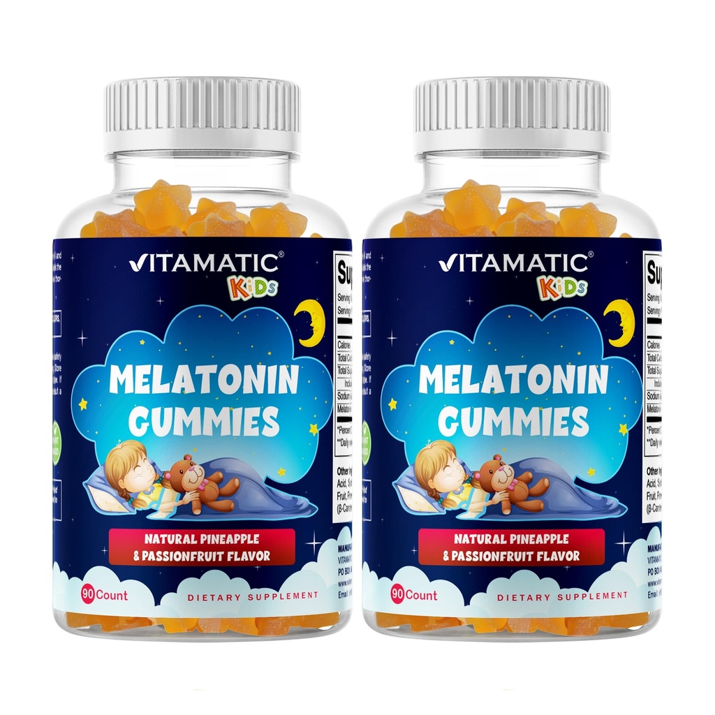Vitamatic Sugar Free Kids Melatonin 1mg, 90 Gummies, Pineapple & passionfruit Flavored Gummies, 90 Days Supply- 2 Pack
