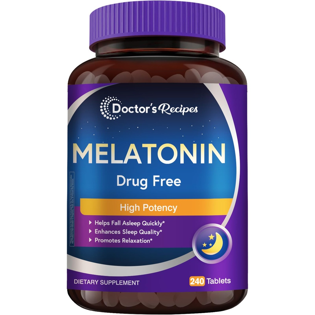 Doctor's Recipes Melatonin 10 mg, High Potency, Non-Habit Forming, Vegan, Sleep Support Supplements for Men and Women, Non-GMO, No Gluten, 240 Tablets