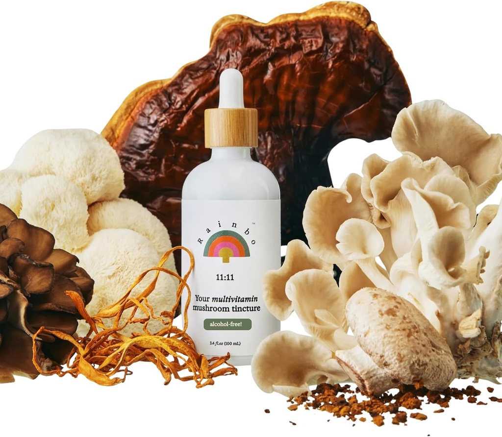 Rainbo - 11:11 Multi Mushroom Tintura - 11-in-1 Alcohol Gratis - Doble Extracto Mushroom Blend - Soporte integral de inmunes, Apoyo cerebral, Mane de León líquido " Turquía Tail, Vegan, No GMO, 3.4 fl oz