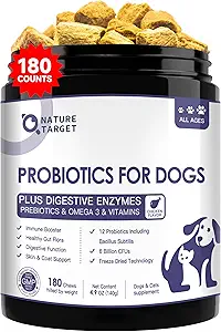NATURE TARGET Probiotics for Dogs, 6 Billion CFUs, Freeze Dried Dog Probiotics with Prebiotics & Enzymes for Diarrhea, Gas, Vitamins &amp; Omega 3 for Skin & Immune Health, Allergy Itch Relief, 180 Count