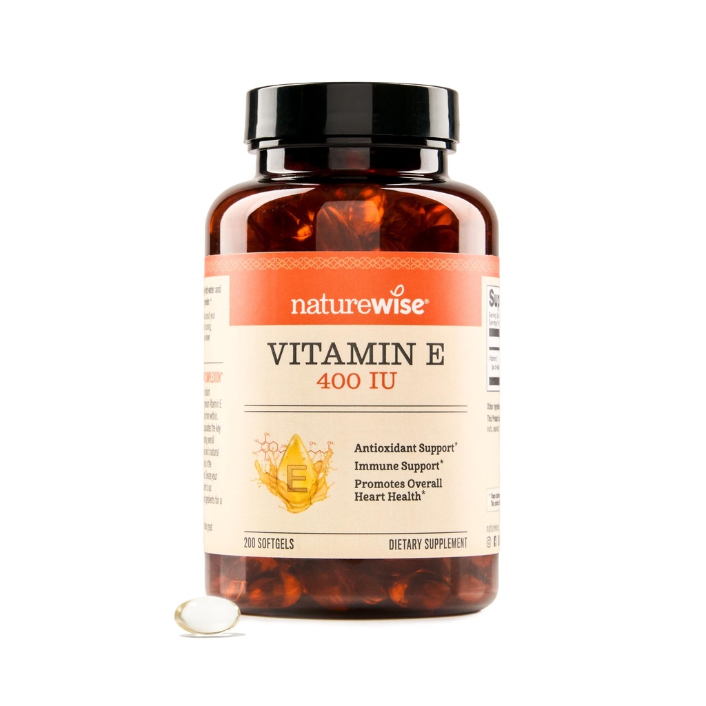 NatureWise Vitamin E 400 IU Softgels (180mg DL-Alpha) - Dairy, Gluten, and Soy Free, Non-GMO Antioxidant Dietary Supplement for Skin, Heart, Eye, and Immune Health Support - 200 Count