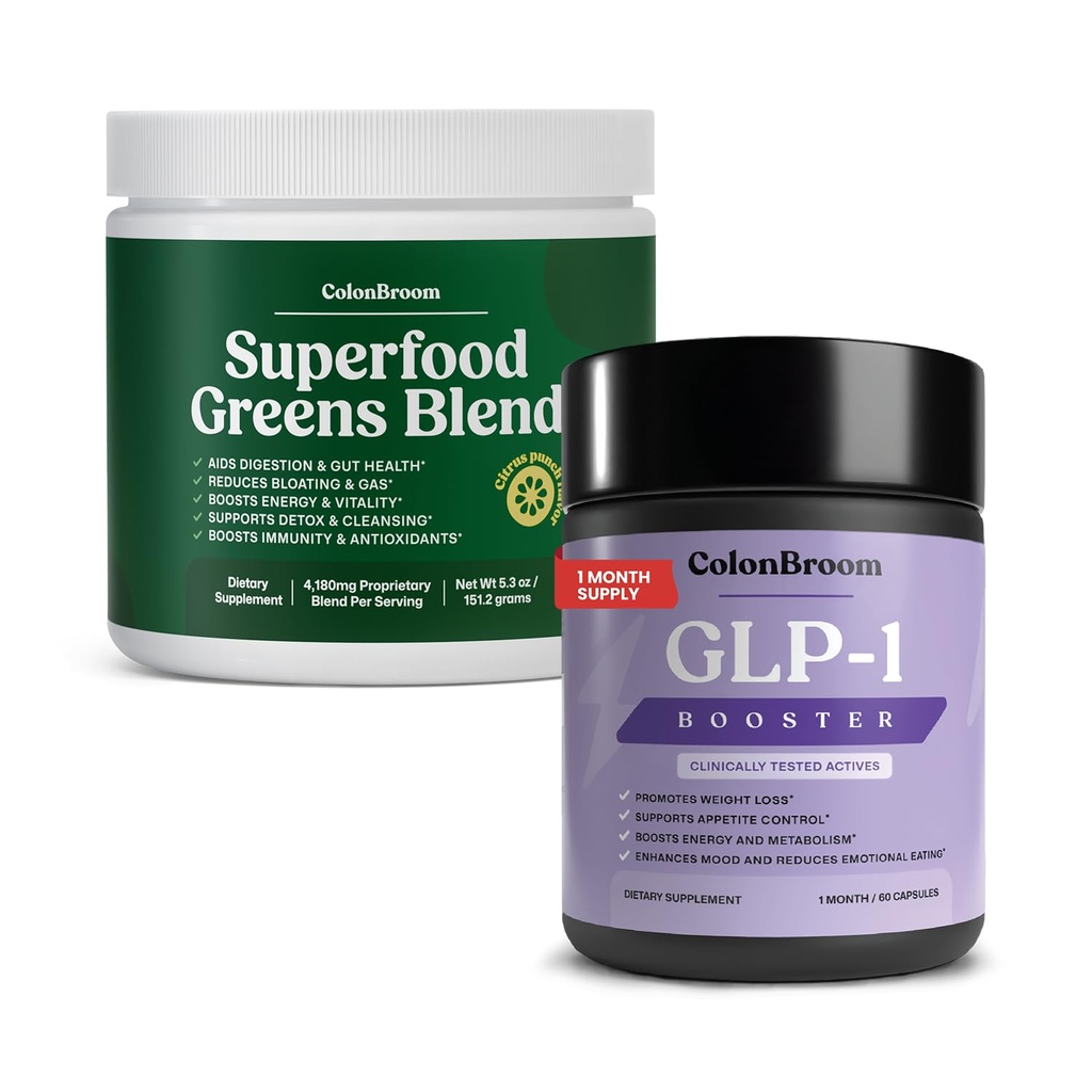 ColonBroom GLP-1 Weight Management Supplement for Women & Men (60 Capsules) - Superfood Greens Powder (28 Servings) - Supports Gut Health, Metabolic Wellness & Appetite Regulation - Vegan, Gluten-Free
