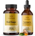 HerBAMAMA Red Sage and Turmeric Kit - Bundle of 1200 mg Red Sage Dan Shen Capsules " Turmeric Curcumin Drops 2 fl oz - Vegan, Non-GMO, Sugar " Alcohol-Free - 2 Pack