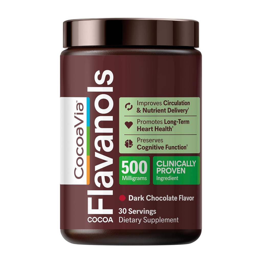 CocoaVia Cardio Health Cocoa Powder, 30 Servings, 500mg Cocoa Flavanols, Apoyo a la salud cardíaca, Boost Nitric Oxide, Mejorar la circulación, Energía, Preworkout, Vegan, Cacao de Chocolate Oscuro