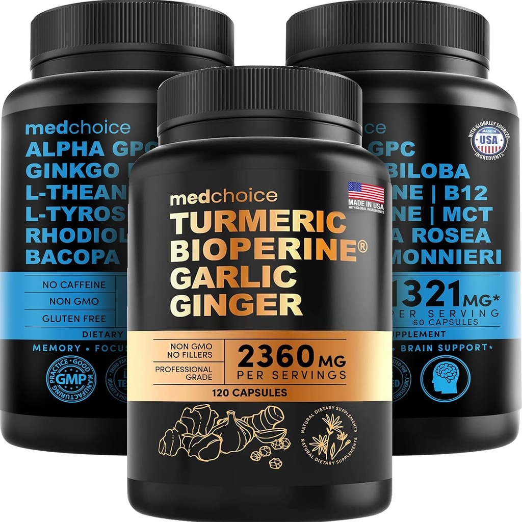 MEDCHOICE Turmeric " Ginger (120ct) and Nootropic Brain (120ct) Supplement Bundle - Wellness Duo for Joint, Digestion, Brain, " Mood Support - Vegan, Non-GMO, Gluten-Free