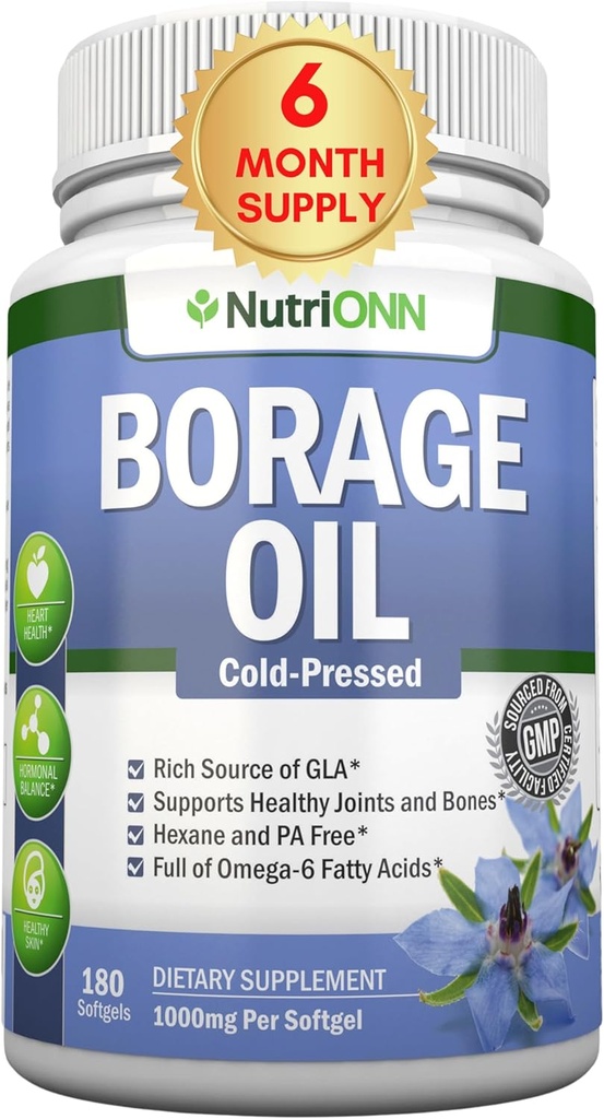 Aceite de borrado - 1000 mg - 180 Softgels - Aceite de semillas de alta presión de GLA frío - Hexane y PA Gratis - Grande para la piel, el cabello y los huesos.