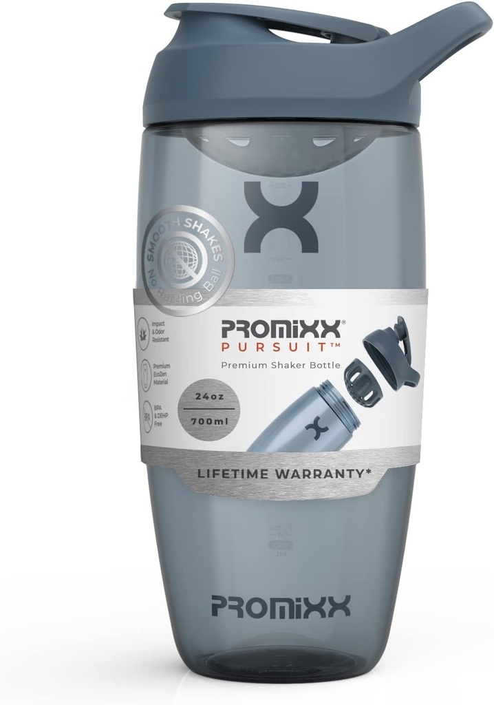 Promixx Pursuit Protein Shaker Bottle (24 oz) – Silent No-Ball Mixer, Leak-Proof Lid, BPA/BPS & Phthalate-Free ECOZEN – Easy-Clean Shaker Cup for Protein Shakes, Pre " Post-Workout Smoothies