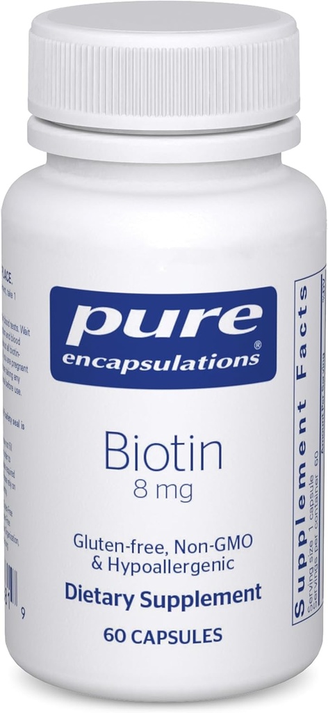 Encapsulaciones puras Biotina 8 mg - B Suplemento de vitaminas para el alivio de estrés de la ayuda, el cabello, la piel " Fortalecimiento de la uñas, metabolismo, soporte de carbohidratos " Sistema nervioso* - con biotina Premium - 60 cápsulas