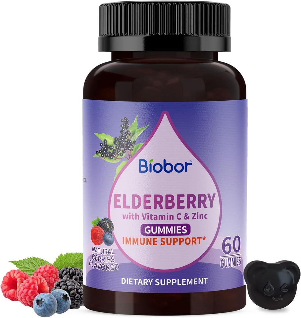 Extracto de frutas de Elderberry Negro Natural 150mg con vitamina C y zinc, anciano de hierbasCraft® Gummies Apoyo diario para niños y adultos, 60 Condes