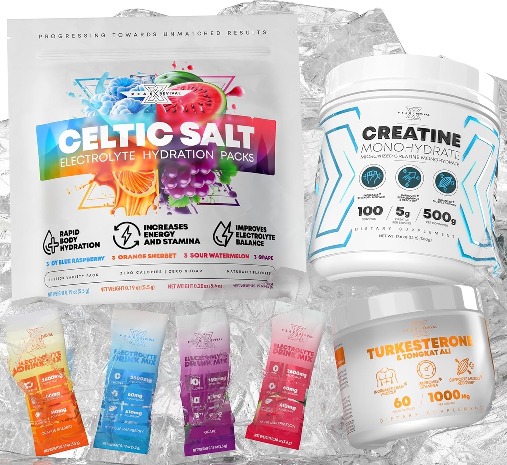 Celtic Salt Electrolytes Powder Packets + Creatine Monohydrate Powder Suplemento + Turkesterone & Tongkat Ali 1000mg Suplemento