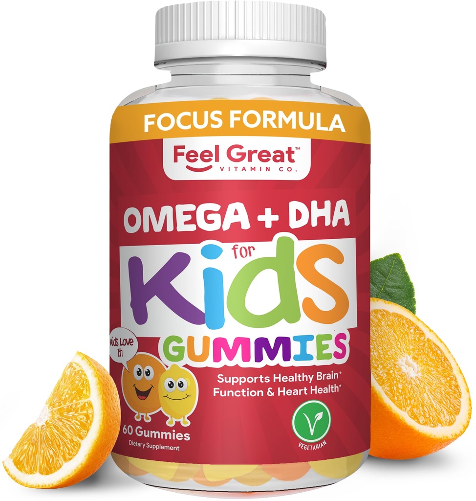 Feel Great Vitamin Co. Completo DHA Gummies para niños que viven con Omega 3 6 9 + DHA, Vitamina C ← Apoya Función cerebral saludable, Visión & Heart Health TEN Gluten Free, Vegetarian TEN 60 Gummies