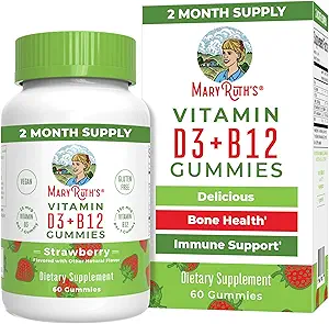 MaryRuth Organics Vegan Vitamina D3 + Vitamina B12 Gummies TENIDO 2 Mes de Suministro TENIDO Apoyo Bone Health TENIDO Apoyo Inmune Suplemento TENIDO Energy Supplements TEN Methyl B12 Vegan Non-GMO Gluten Free TEN 60 Servings
