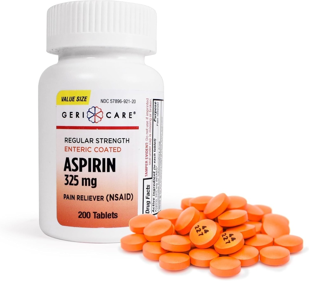 GeriCare Enteric Coated Aspirin Tablets 325mg (200 Count) NSAID Pain Reliever & Fever Reducer for Adults- Regular Strength Aspirin for Headache Arthritis Menstrual & Muscle Pain