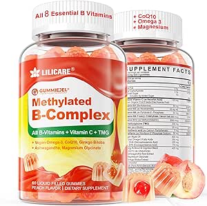 Complejo de vitamina B supermetilato Gummies - Todas las vitaminas B + Omega-3, Magnesio, CoQ10, Ashwagandha,Vitamin C, TMG- Para Mujeres Men- Metil B12 2000 mcg, Methylfolate, B1,B2, B3,B5,B6,B7- Sugar Gratis