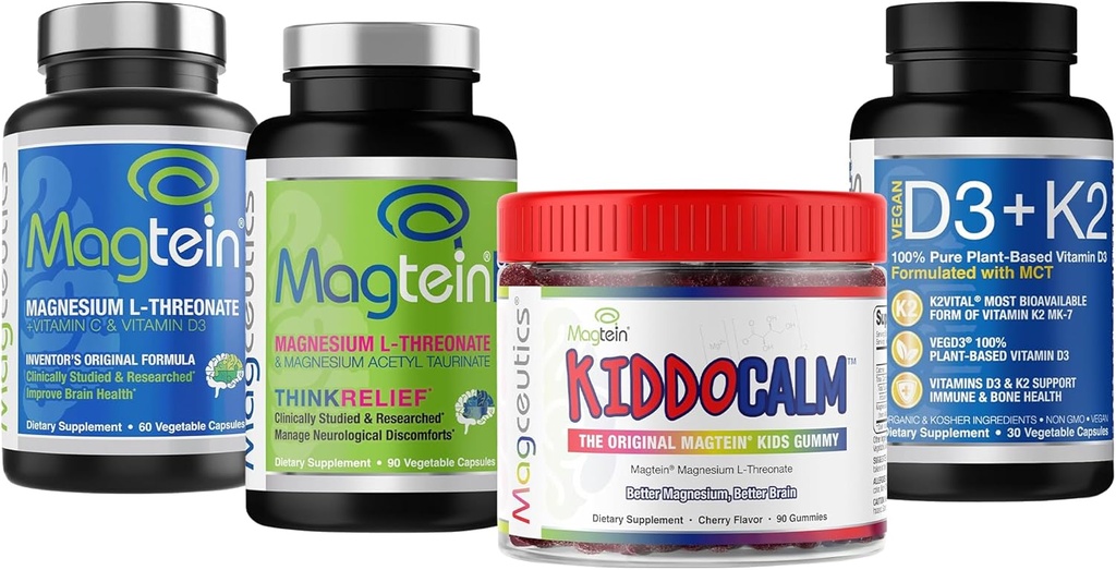 Magtein Magnesium L-Threonate 60 cápsulas, Magceutics MagteinPRO 90 cápsulas, KIDDOCALM Gummies 90 cápsulas, Vitamina D3 K2 30 cápsulas - Bundle
