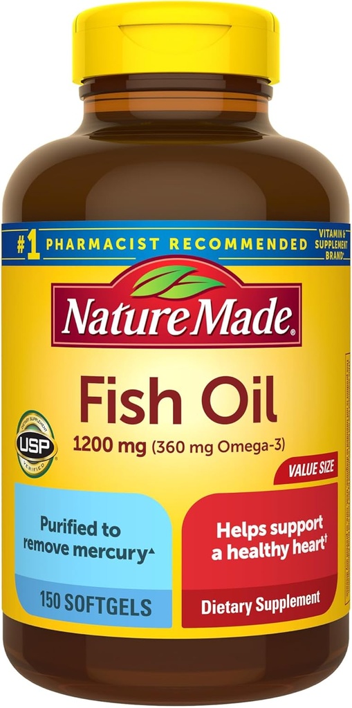 Nature Made Fish Oil Omega 3 Suplementos, 1200 mg Softgels, Omega 3 Fish Oil for Healthy Heart Support, 150 Softgels, 75 Day Supply