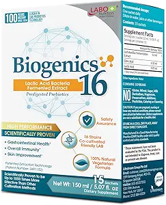 LABO Nutrition Biogenics 16–Lactic Acid Bacteria Fermented Extract, 1000x More Effective, Gut Health Support Beyond Probiotics & Prebiotics, Improve Intestinal Skin and Immune Health, 10mlx15 sachets