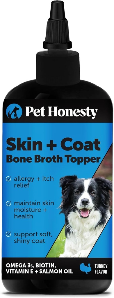 Pet Honesty Dog Skin and Coat Supplement with Salmon Oil for Dogs - Alergía Itch Relief + Skin &amp; Coat Health, Dog Food Topper Bone Broth with Salmon Oil, Collagen, Biotin + Vitamina E (12 oz)