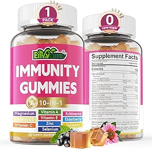 10 en 1 Apoyo Inmunitario Suplemento Gummies, w/Echinacea, Elderberry Vitamin C y Zinc, Selenium, Vitamina D3 5000IU, Magnesium, Daily Immune Booster Multivitamin, para Antioxidante Bone Energy, 1 Pack