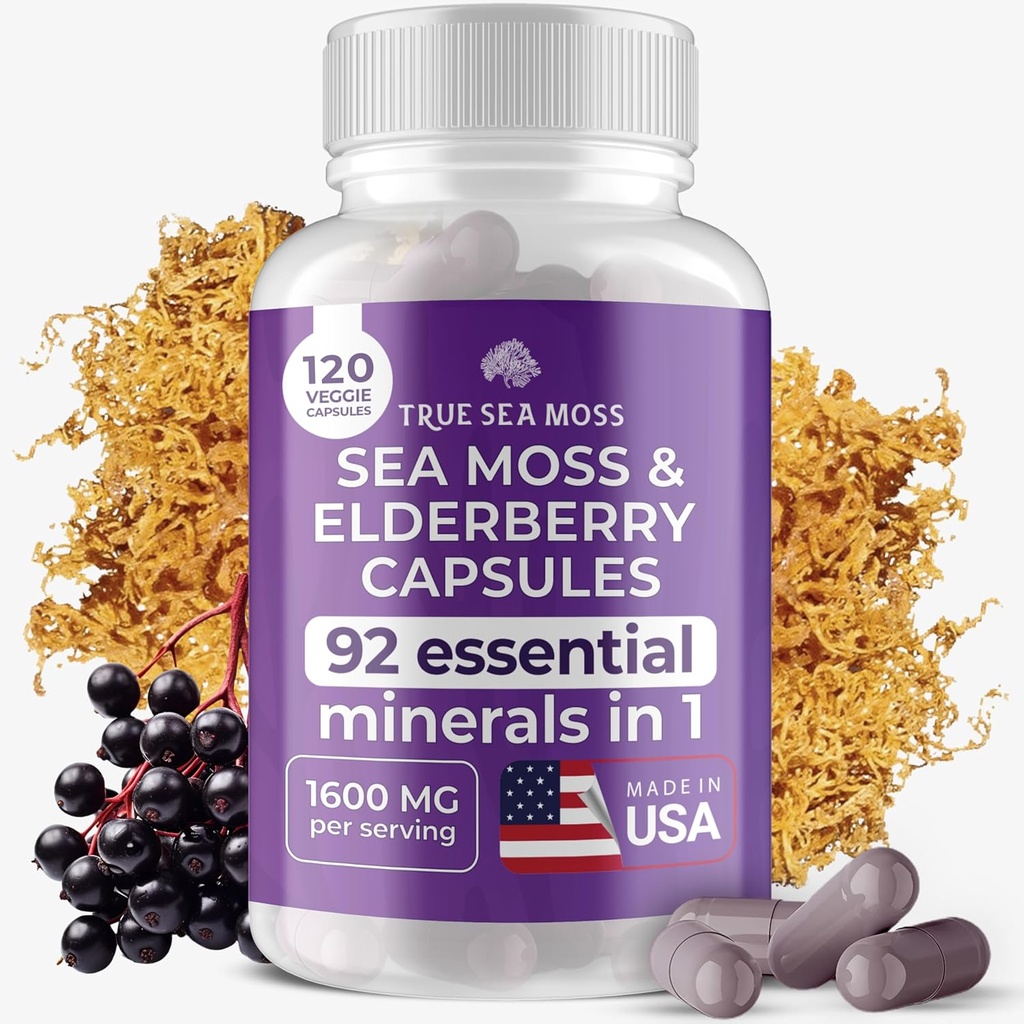 TrueSeaMoss Irish Sea Moss Capsules - 120 Elderberry Capsules (1600mg) - Prebiótico Superfood - Boosts Sistema Immune & Digestive - Skin saludable, Keto Detox, Gut, Joint Support