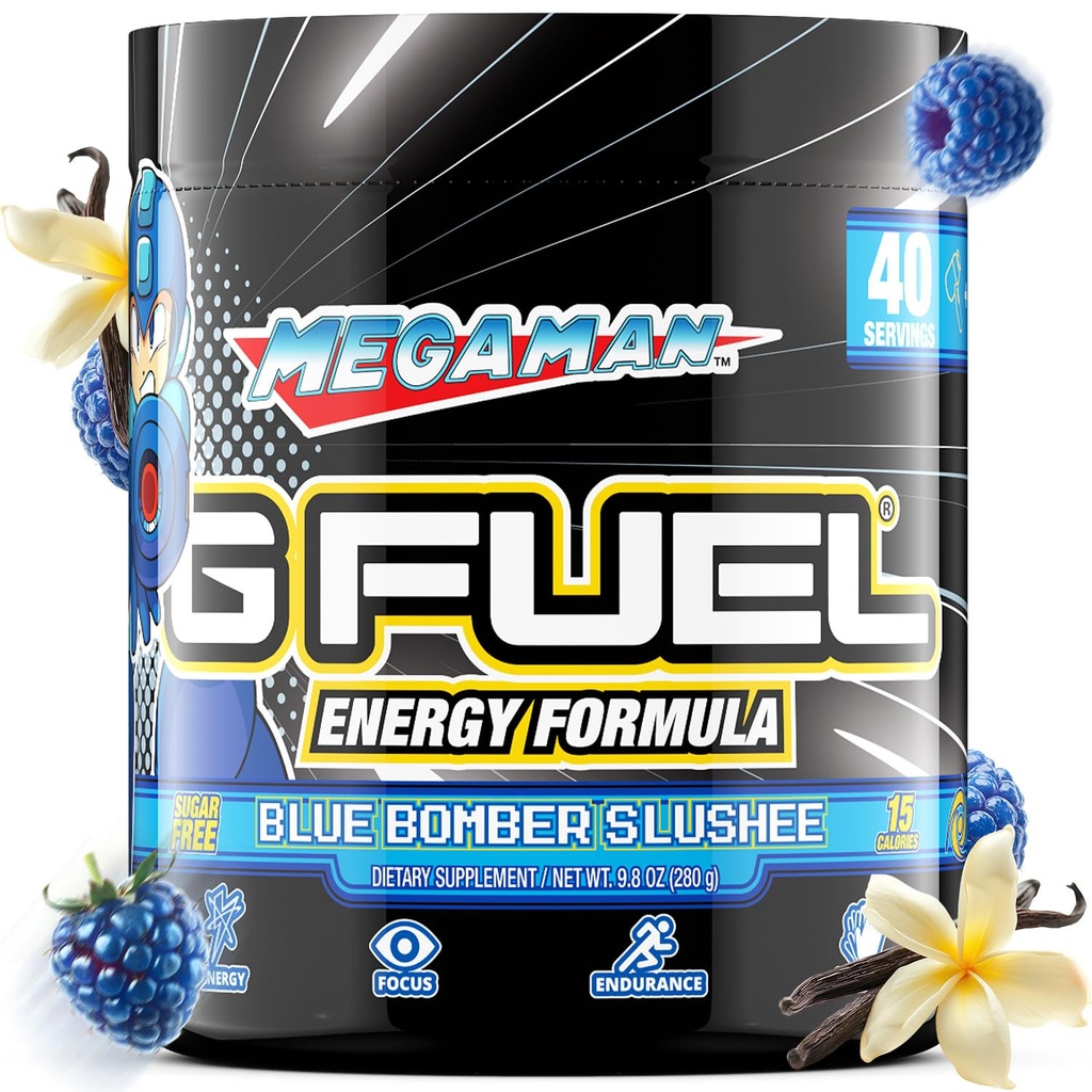 G Fuel Megaman Energy Drink Powder, Pre Workout Caffeine Mix for Gaming, Sugar Free Focus Amino, Vitamina + Antioxidantes, 9.9oz (Blue Slushee, 40 Servings)